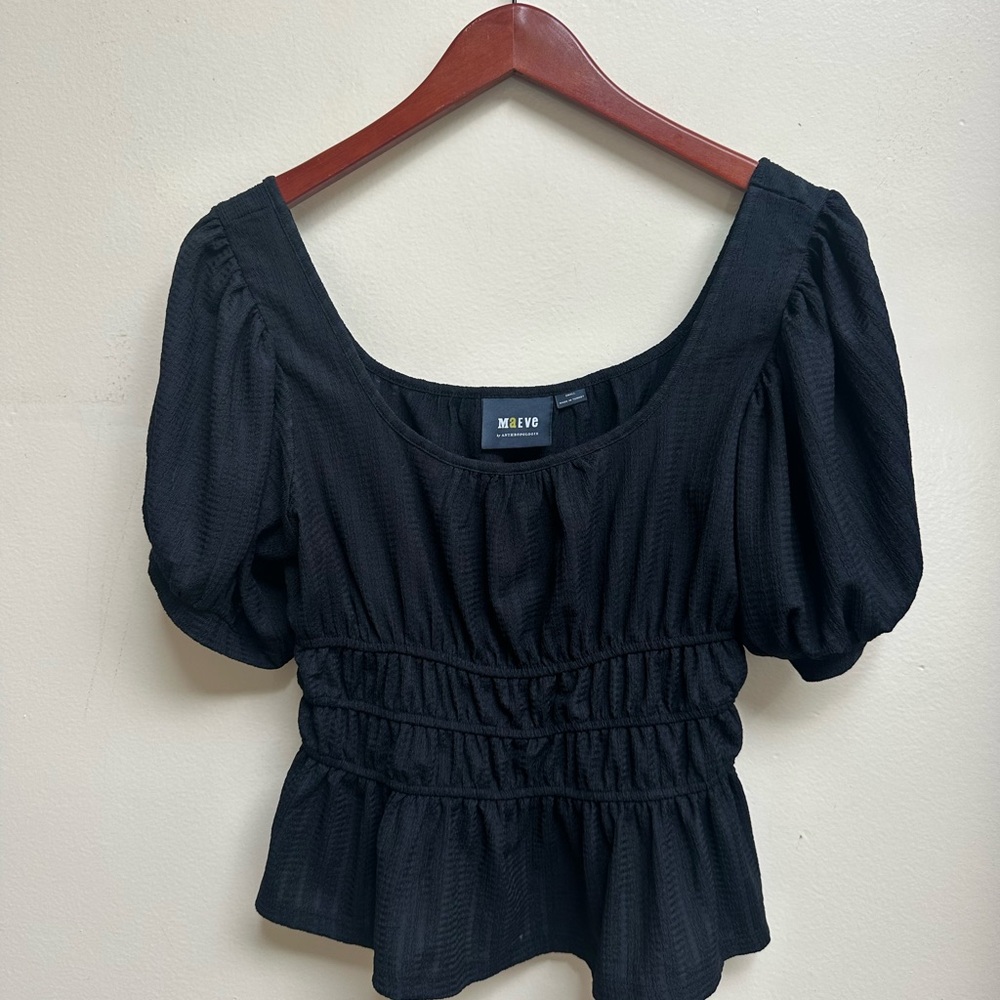 Anthropologie Mauve Black Puff Sleeve Top